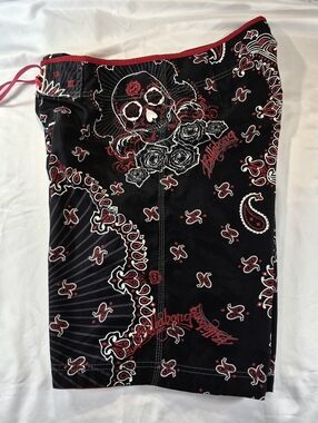 Billabong Skull Paisley Board Shorts Rare Y2K Retro Goth Swim Men's 34W